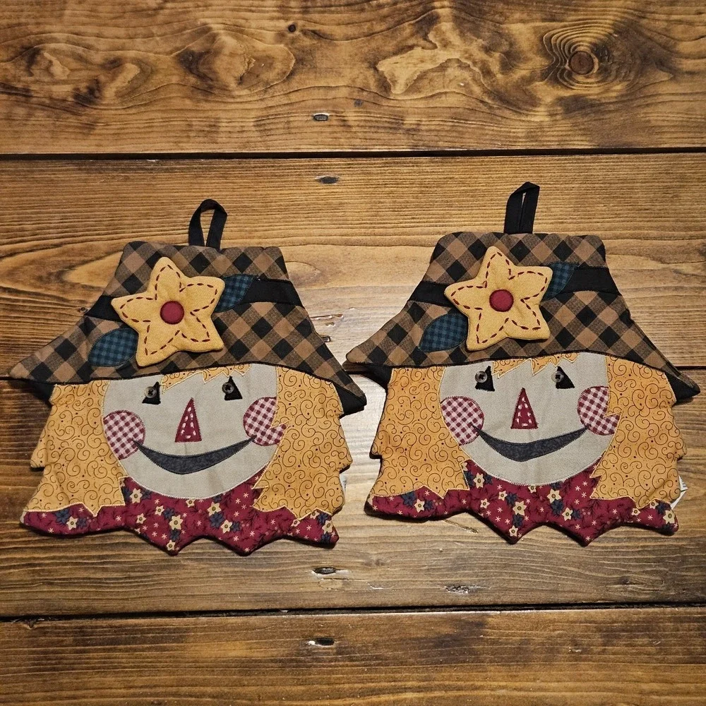 VTG Scarecrow Pot Holders Set of 2 Fall Autumn Farmhouse Kitchen‎ Decor Cotton